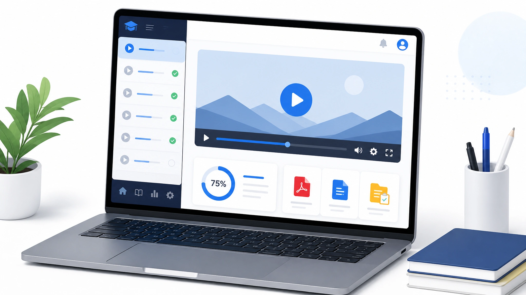 Giao diện khóa học video trực tuyến với danh sách bài giảng, tiến độ hoàn thành và tài liệu học tập đính kèm